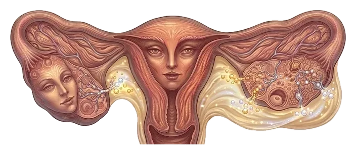 Ilustración del aparato reproductor femenino con rostros en el útero y los ovarios