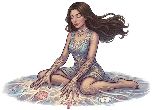 Ilustración: la creadora sentada en la tierra, con las manos apoyadas y los ojos cerrados