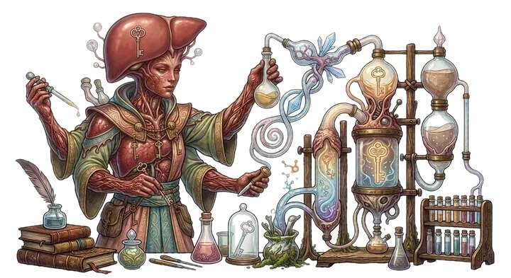 Ilustración: el hígado como un alquimista que trabaja entre frascos y alambiques