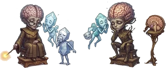 Ilustración: dos figuras de cristal, las hormonas sintéticas, junto al hipotálamo y la hipófisis dormidos