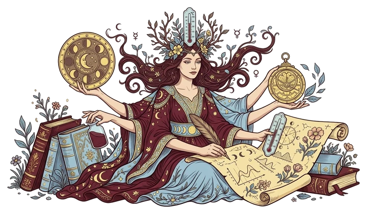 Ilustración: una mujer con un termómetro en la corona registra en un pergamino las señales de su ciclo, rodeada de libros, lunas y un astrolabio