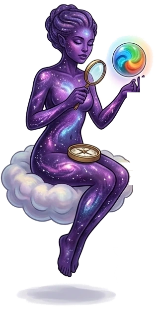 Ilustración: figura violeta con una lupa, sentada sobre una nube